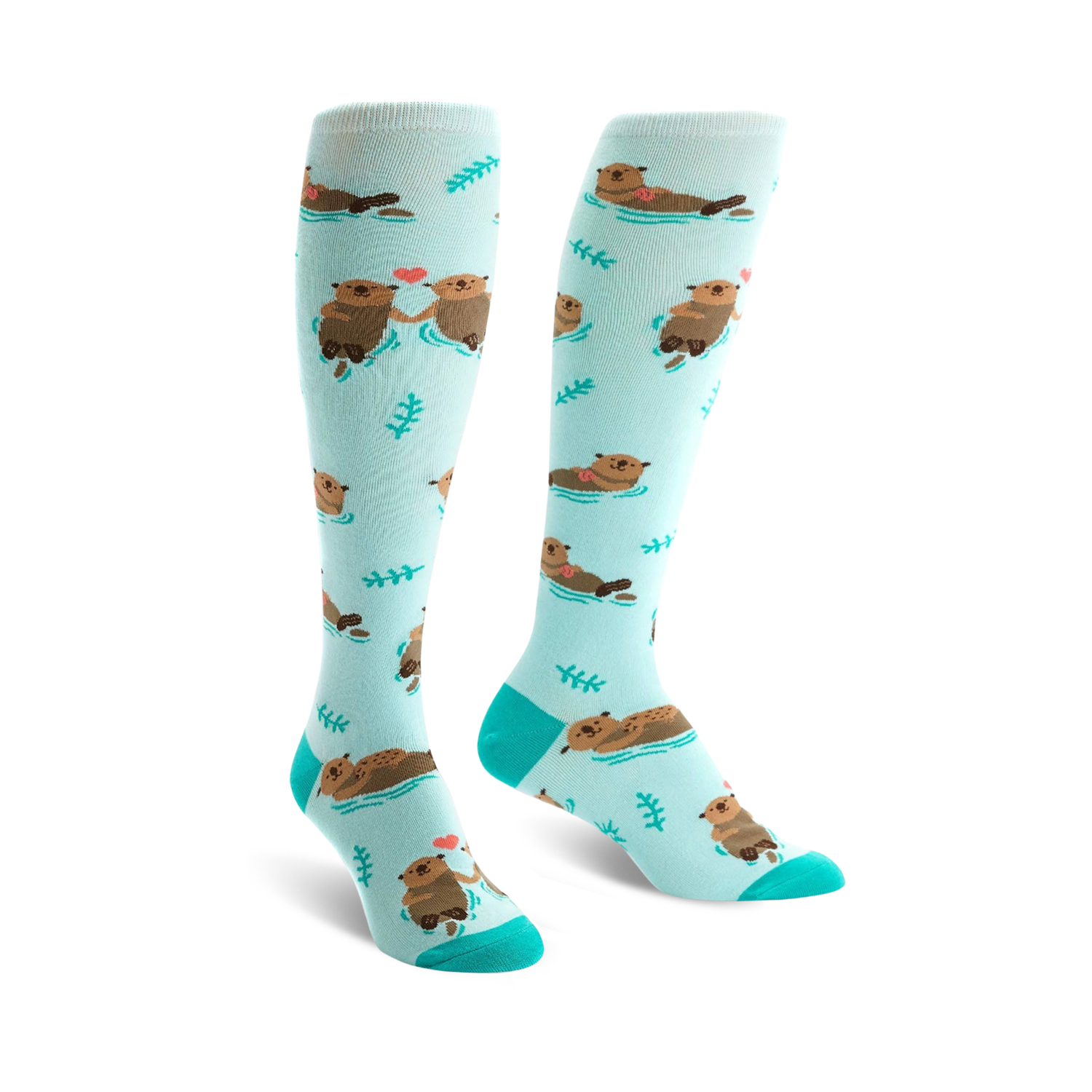 Pair of teal knee-high socks with a pattern of brown otters holding hands and small hearts.  Simple leaf designs are also scattered on the socks.
