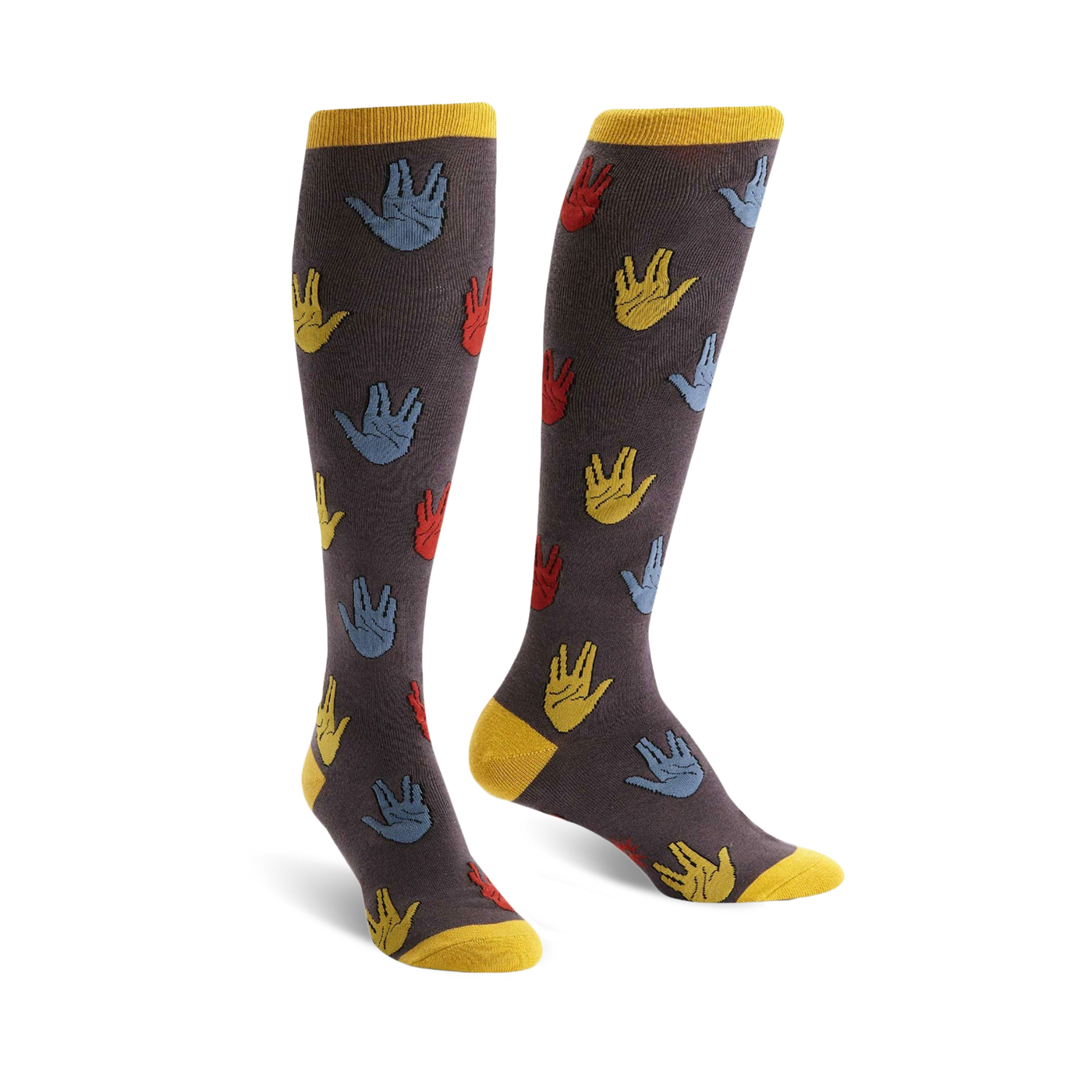 A pair of knee-high socks with a dark gray background and a repeating pattern of colorful Vulcan salutes in red, blue, and yellow.