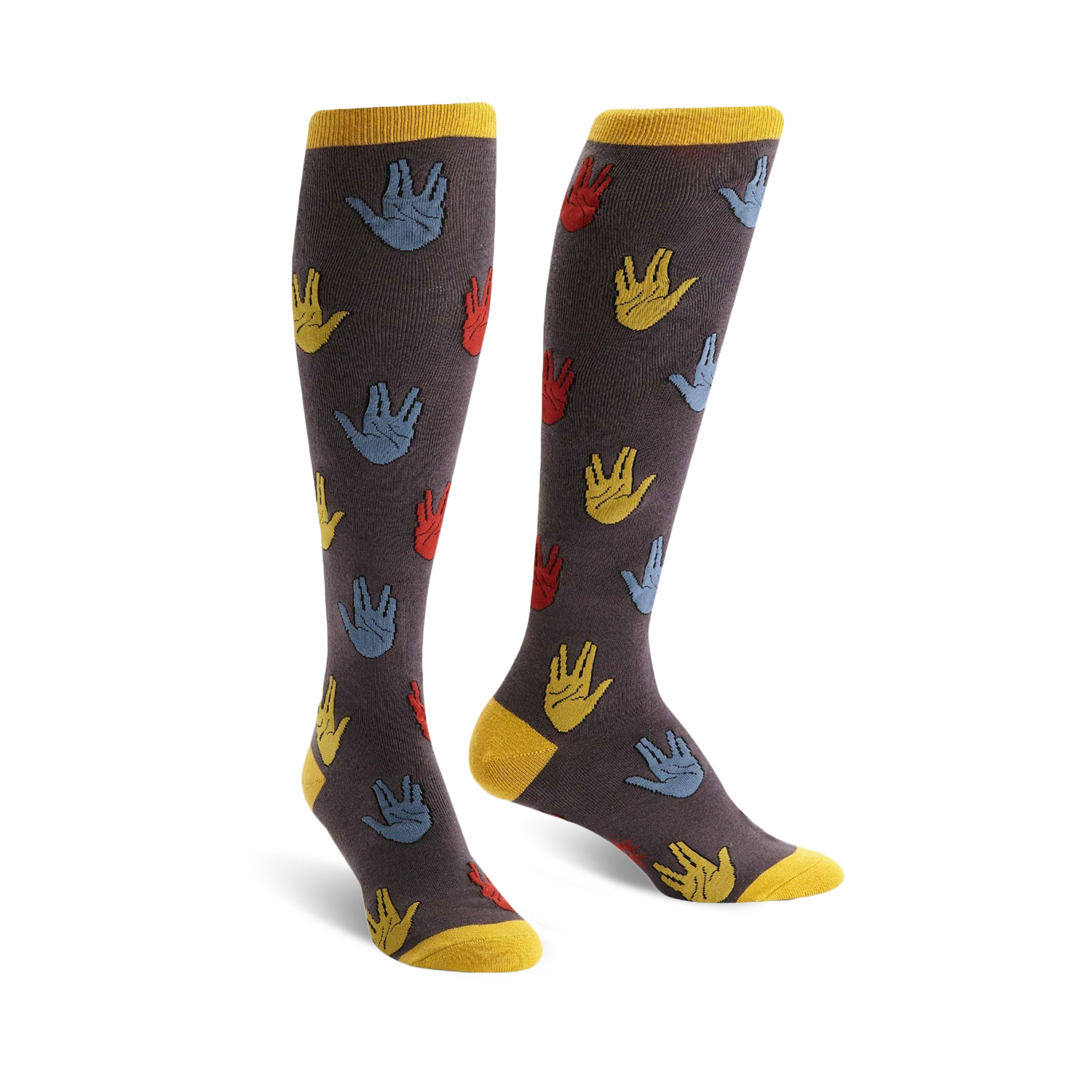A pair of knee-high socks with a dark gray background and a repeating pattern of colorful Vulcan salutes in red, blue, and yellow.