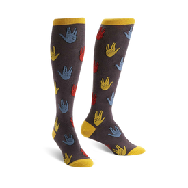 dark gray knee-high socks with colorful vulcan salutes, yellow accents, made for women, pop culture-themed design.  