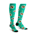 Pair of teal knee-high socks with a fun ramen noodle bowl pattern.  The bowls are illustrated with noodles, egg, and meat.