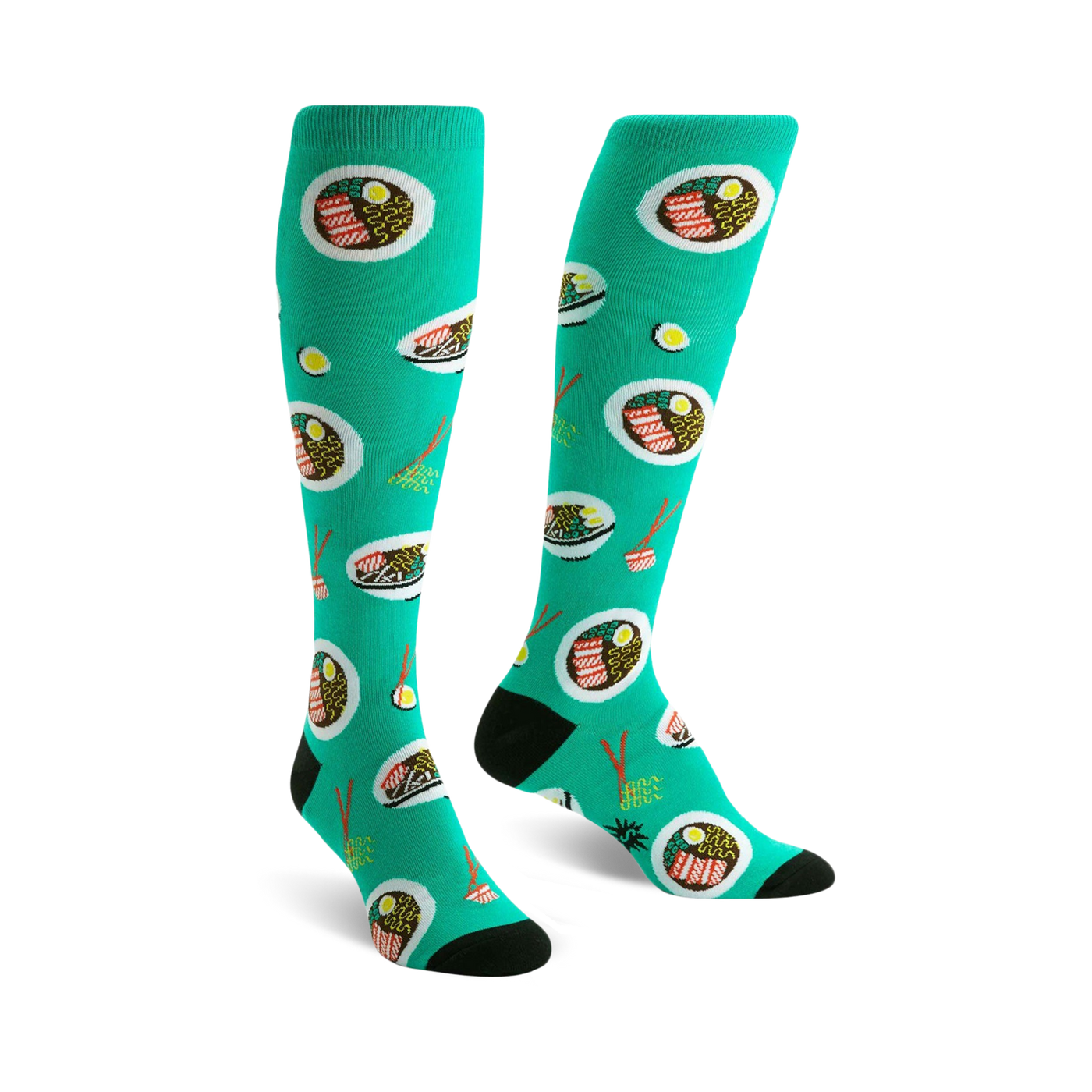 Pair of teal knee-high socks with a fun ramen noodle bowl pattern.  The bowls are illustrated with noodles, egg, and meat.