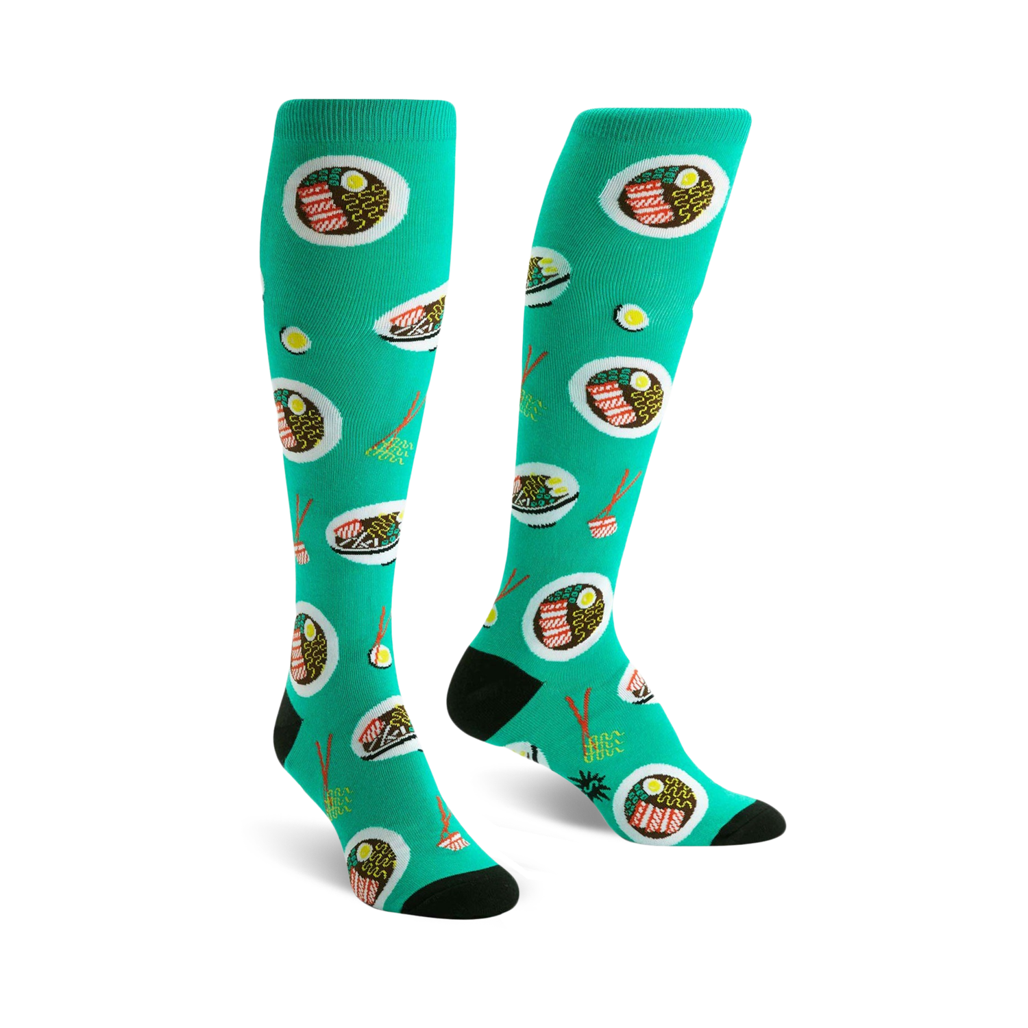 Pair of teal knee-high socks with a fun ramen noodle bowl pattern.  The bowls are illustrated with noodles, egg, and meat.