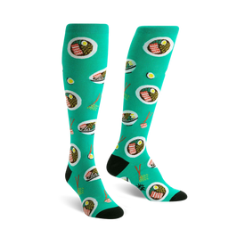 bright teal knee-high socks featuring a pattern of ramen bowls filled with noodles, broth, and toppings for women.  