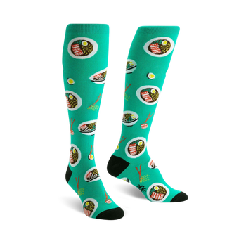 bright teal knee-high socks featuring a pattern of ramen bowls filled with noodles, broth, and toppings for women.  