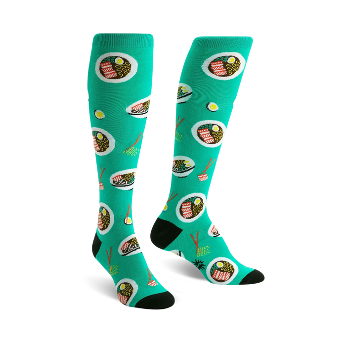 bright teal knee-high socks featuring a pattern of ramen bowls filled with noodles, broth, and toppings for women.   }}
