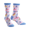 Pair of lavender crew socks with colorful yoga illustrations and light blue cuffs.  Fun and quirky design for yoga lovers!
