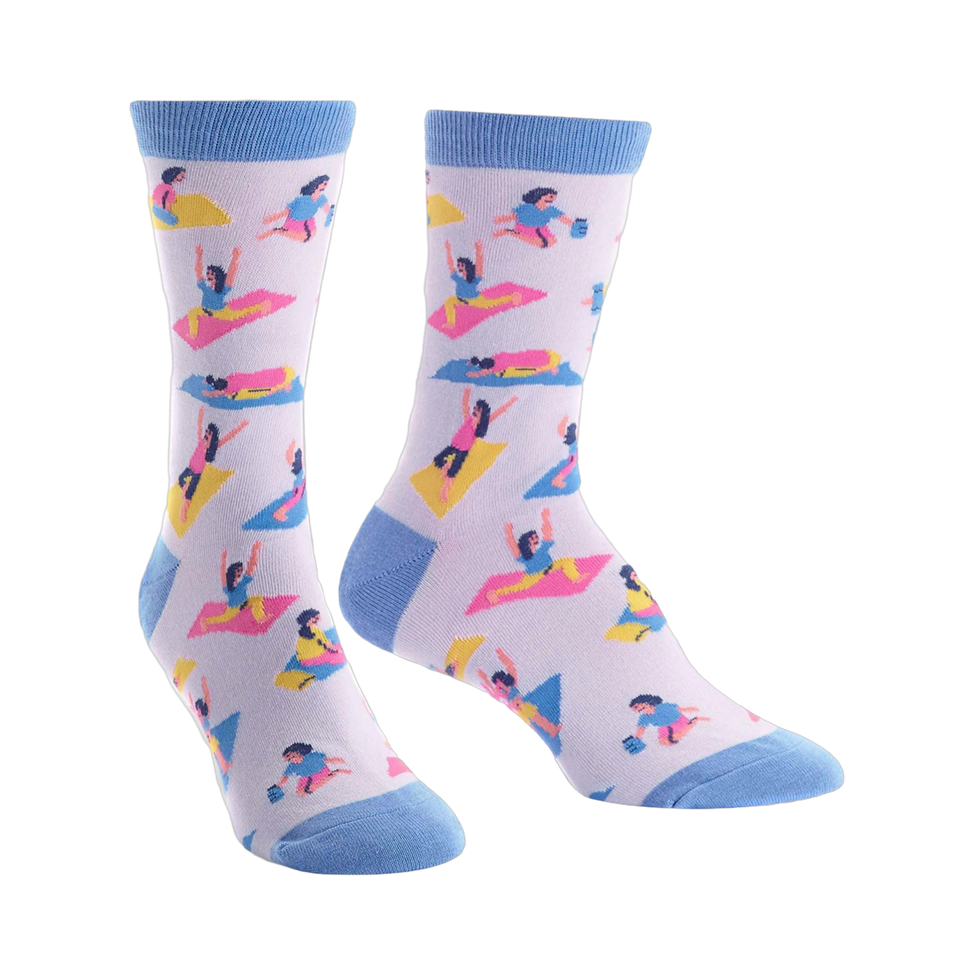 Pair of lavender crew socks with colorful yoga illustrations and light blue cuffs.  Fun and quirky design for yoga lovers!
