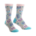 A pair of crew socks with a light grey background, featuring colorful retro cassette tapes and 80's themed text.
