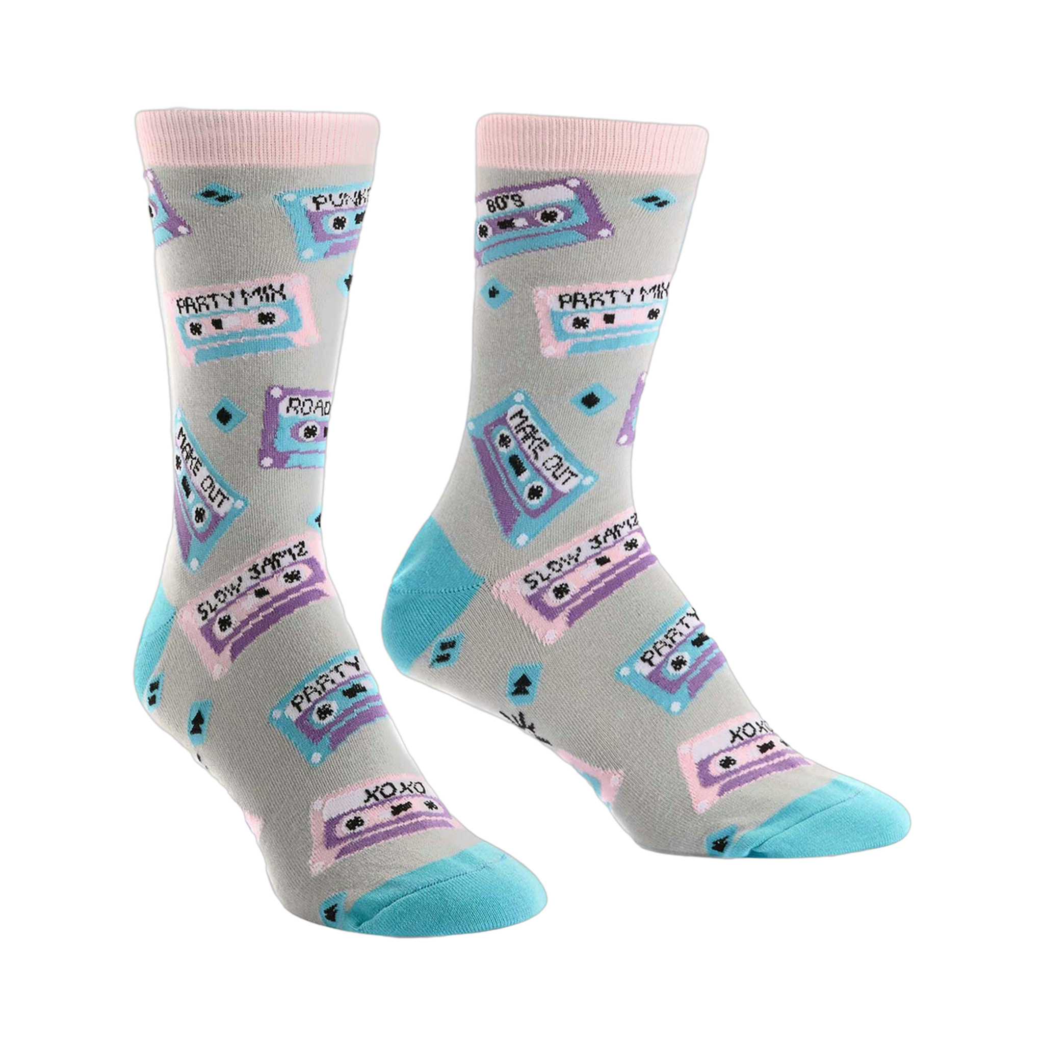 A pair of crew socks with a light grey background, featuring colorful retro cassette tapes and 80's themed text.