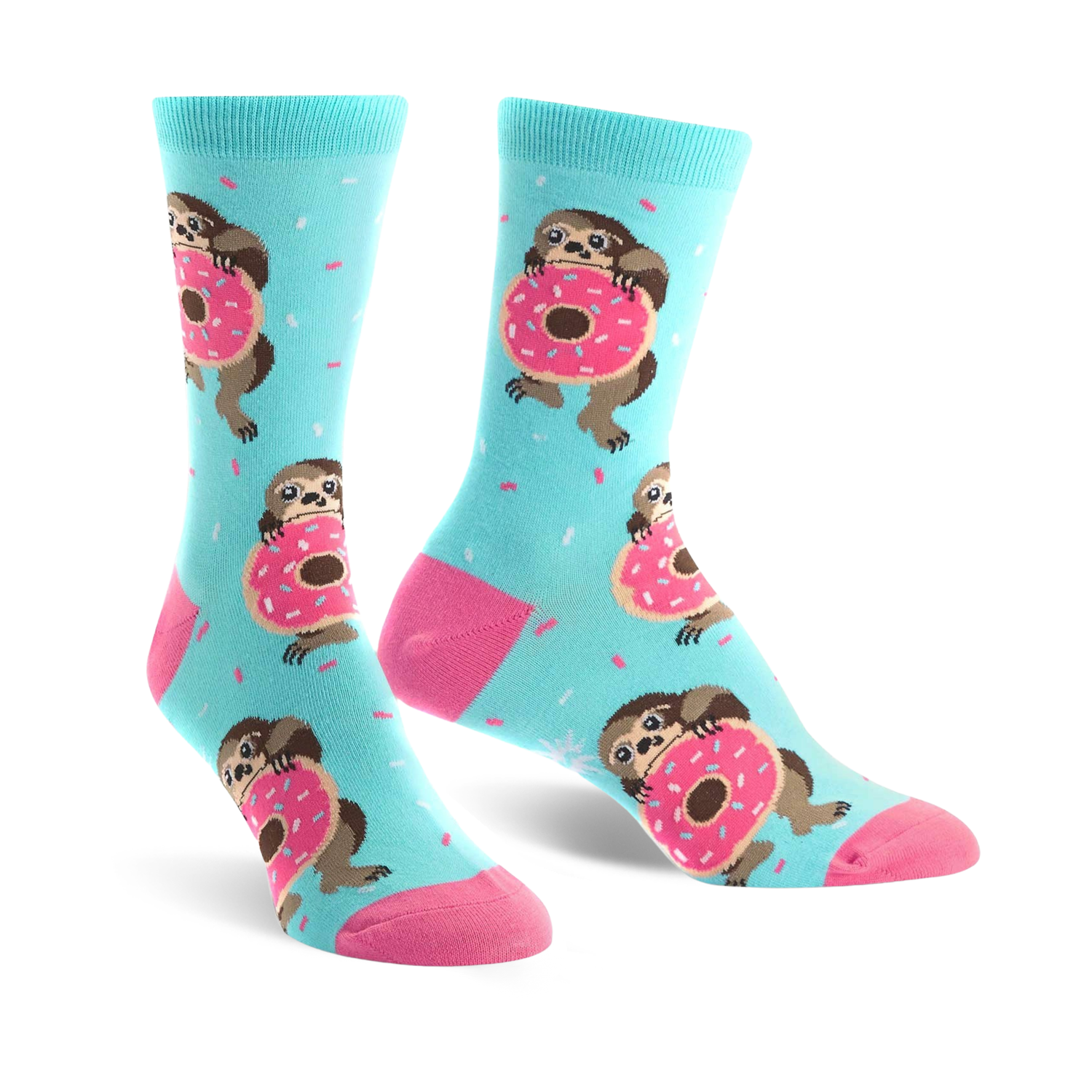 A pair of pastel blue crew socks features sloths hugging pink donuts and light blue sprinkles.  The socks have pink heels and toes.