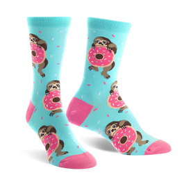 blue crew socks for women featuring a pattern of sloths holding pink doughnuts.  