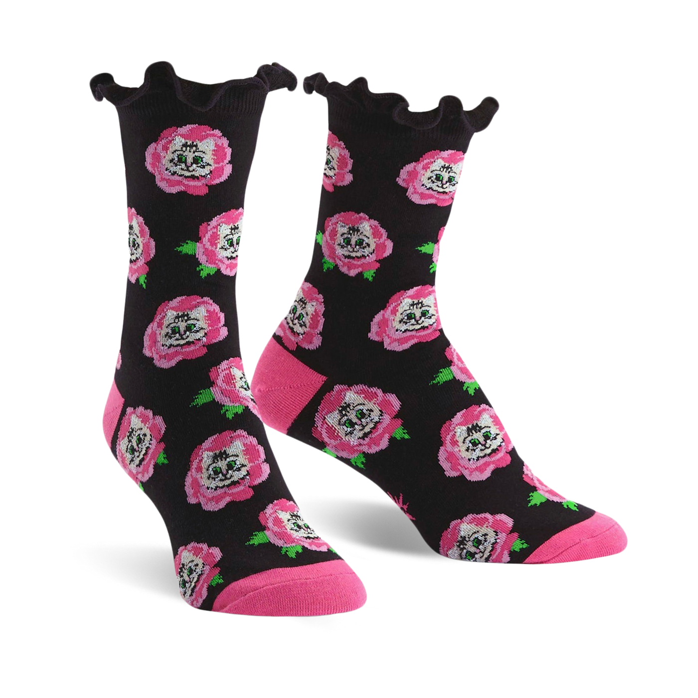 Crew socks with a black background, pink roses, and cat faces. The socks have a ruffled top edge and pink heel and toe.