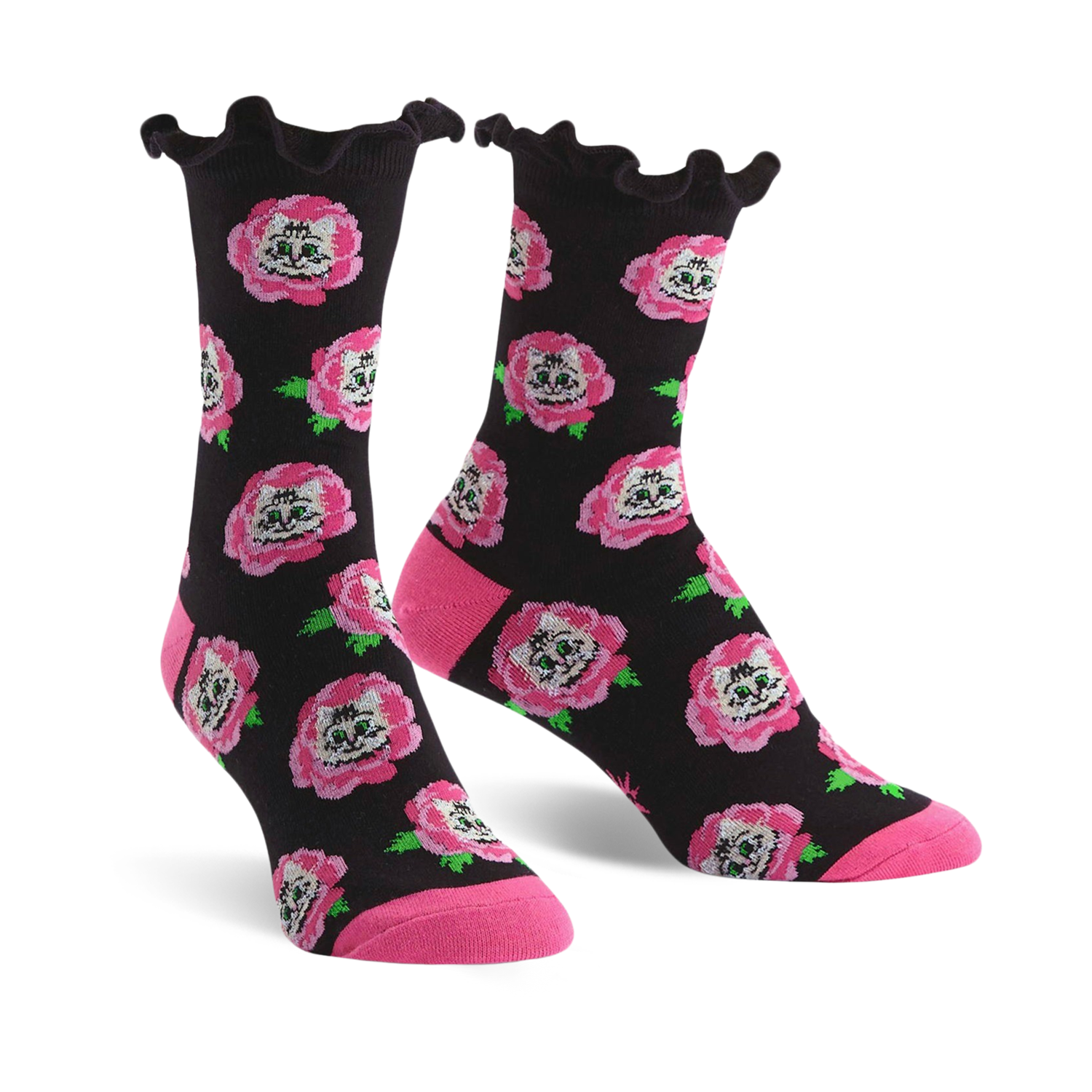 Crew socks with a black background, pink roses, and cat faces. The socks have a ruffled top edge and pink heel and toe.