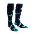Pair of navy blue knee-high socks with teal hammerhead sharks and small white bubbles. Fun and playful design.