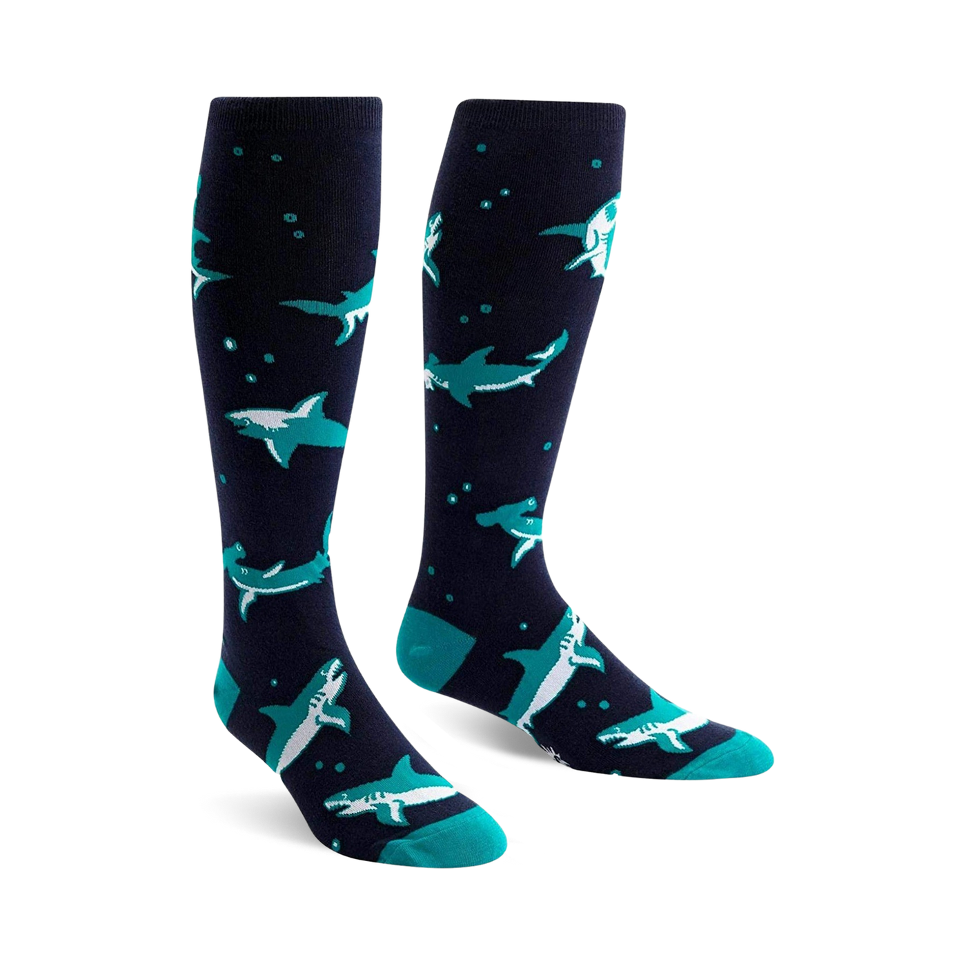 Pair of navy blue knee-high socks with teal hammerhead sharks and small white bubbles. Fun and playful design.