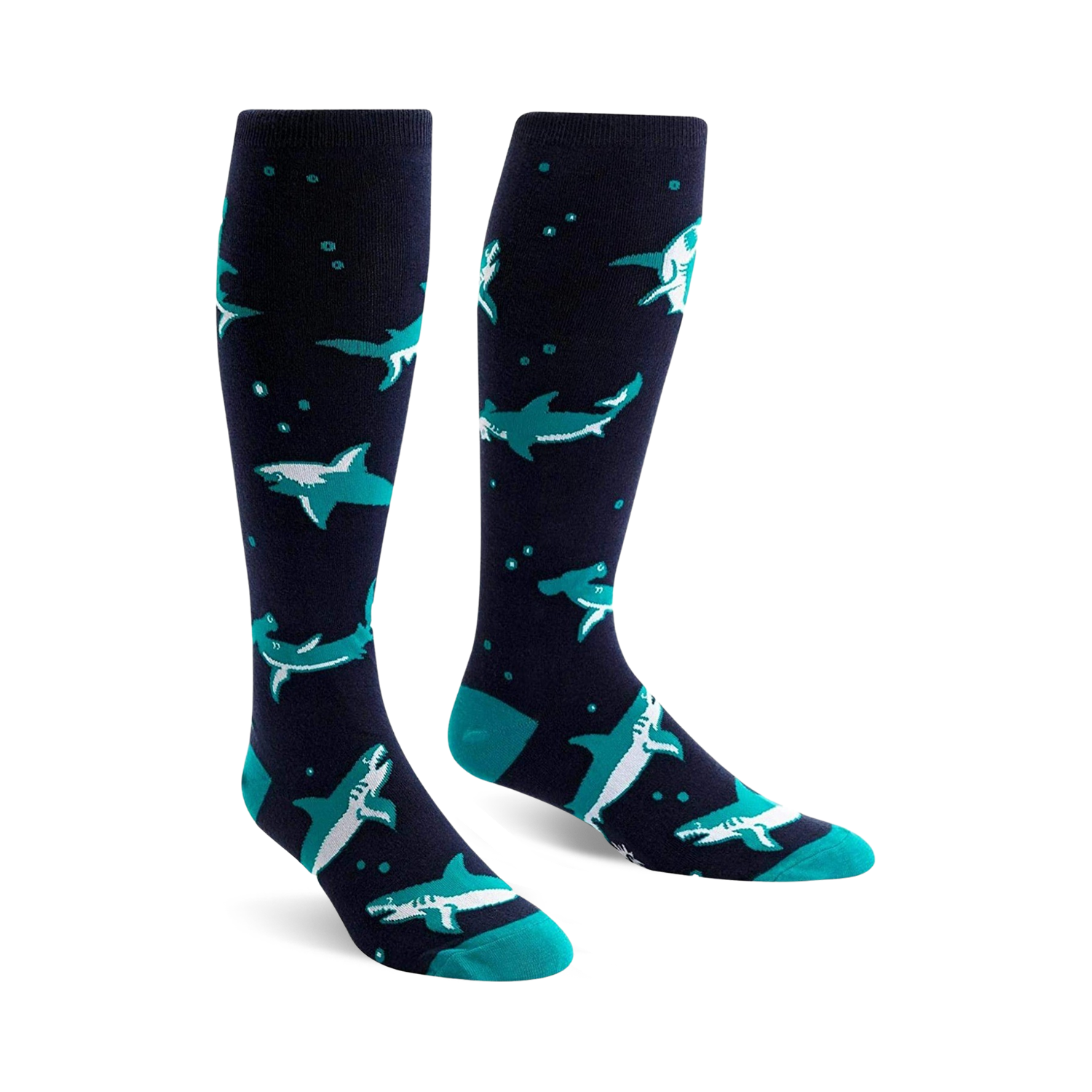 Pair of navy blue knee-high socks with teal hammerhead sharks and small white bubbles. Fun and playful design.