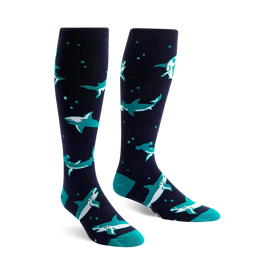 dark blue knee-high socks with cartoon shark pattern. women's size.  