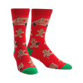 A pair of red crew socks with a fun Christmas design.  The socks feature gingerbread men, ambulances, and candy canes.