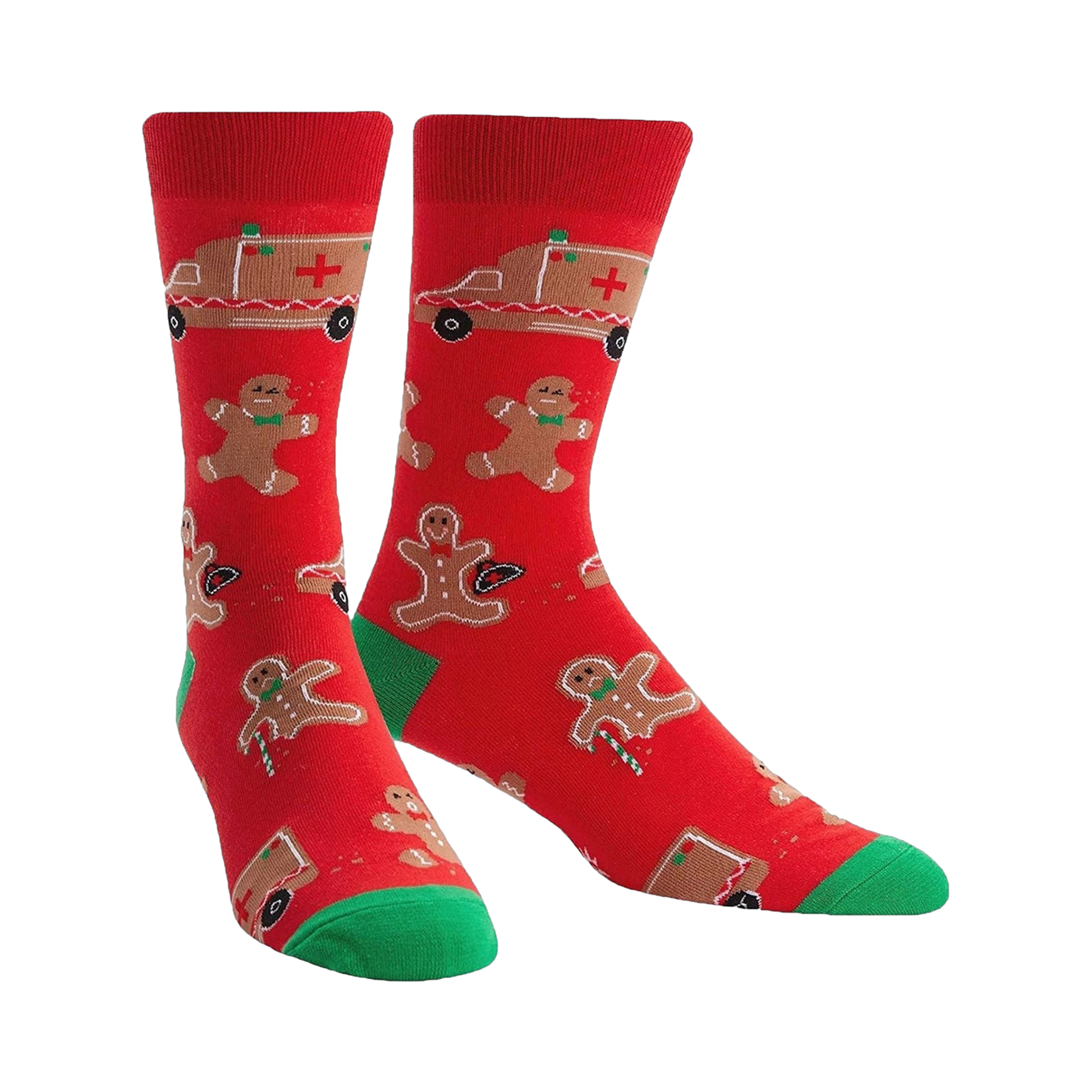 A pair of red crew socks with a fun Christmas design.  The socks feature gingerbread men, ambulances, and candy canes.