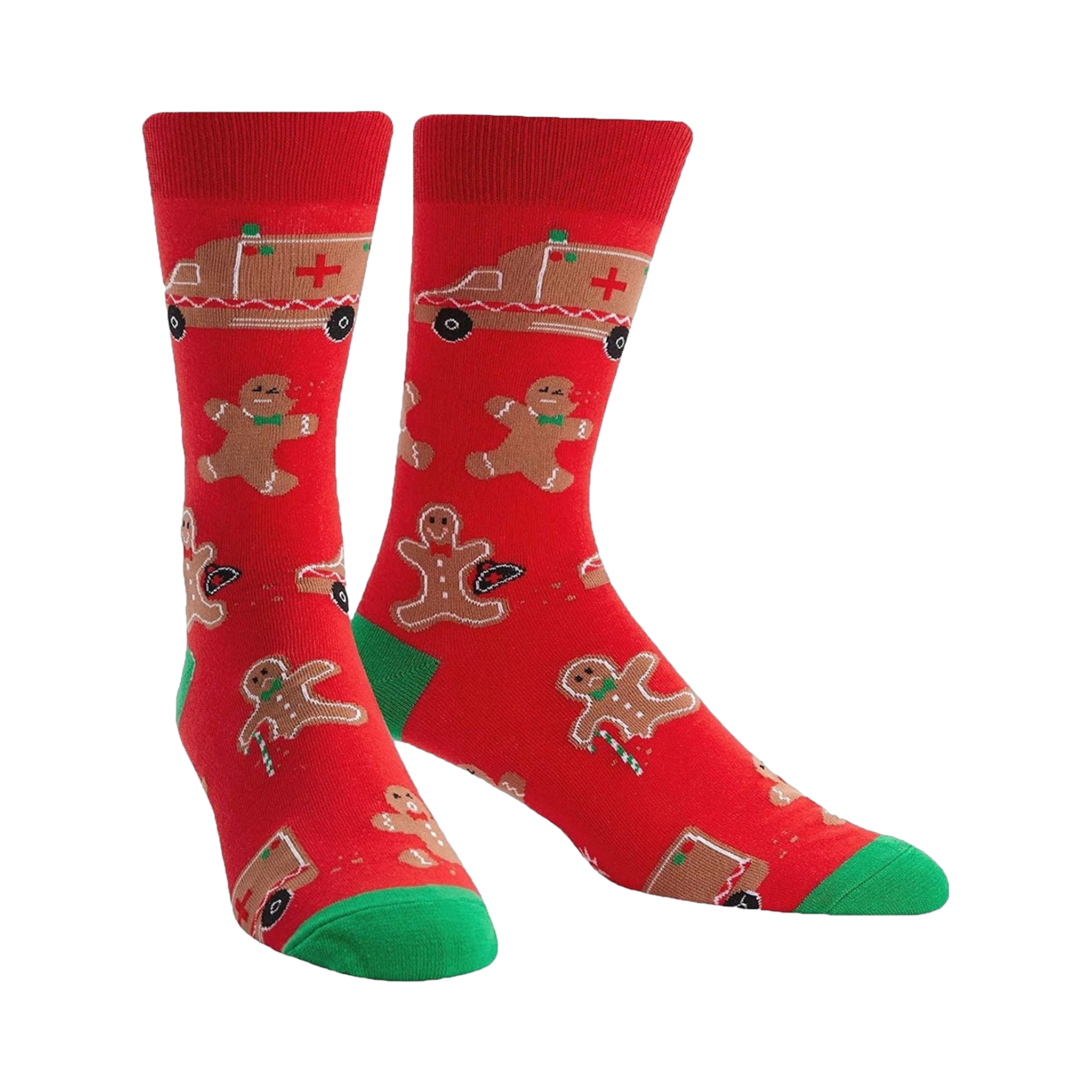 A pair of red crew socks with a fun Christmas design.  The socks feature gingerbread men, ambulances, and candy canes.