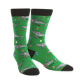 Crew socks in bright green, featuring a playful pattern of gray sharks on pool cues above billiard balls.  Black cuffs and toes.