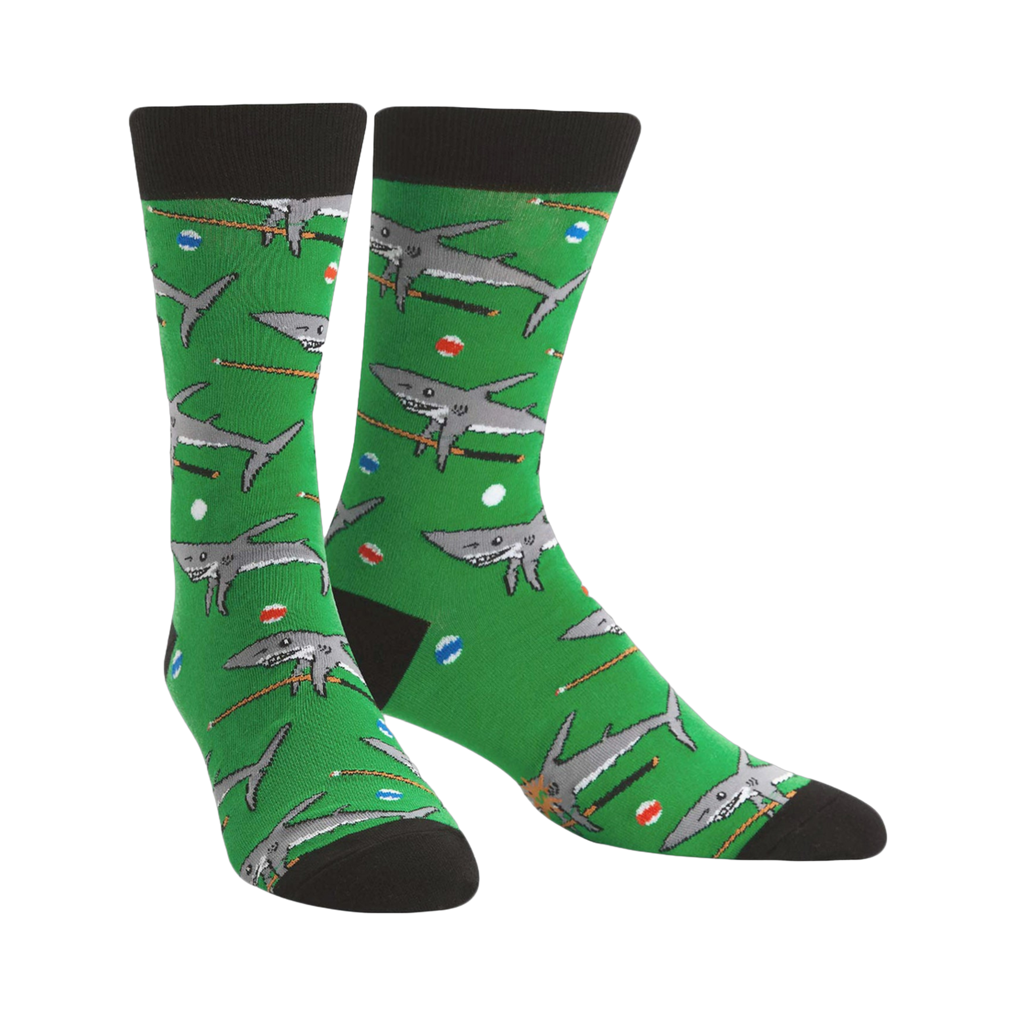 Crew socks in bright green, featuring a playful pattern of gray sharks on pool cues above billiard balls.  Black cuffs and toes.