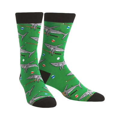 Crew socks in bright green, featuring a playful pattern of gray sharks on pool cues above billiard balls.  Black cuffs and toes.