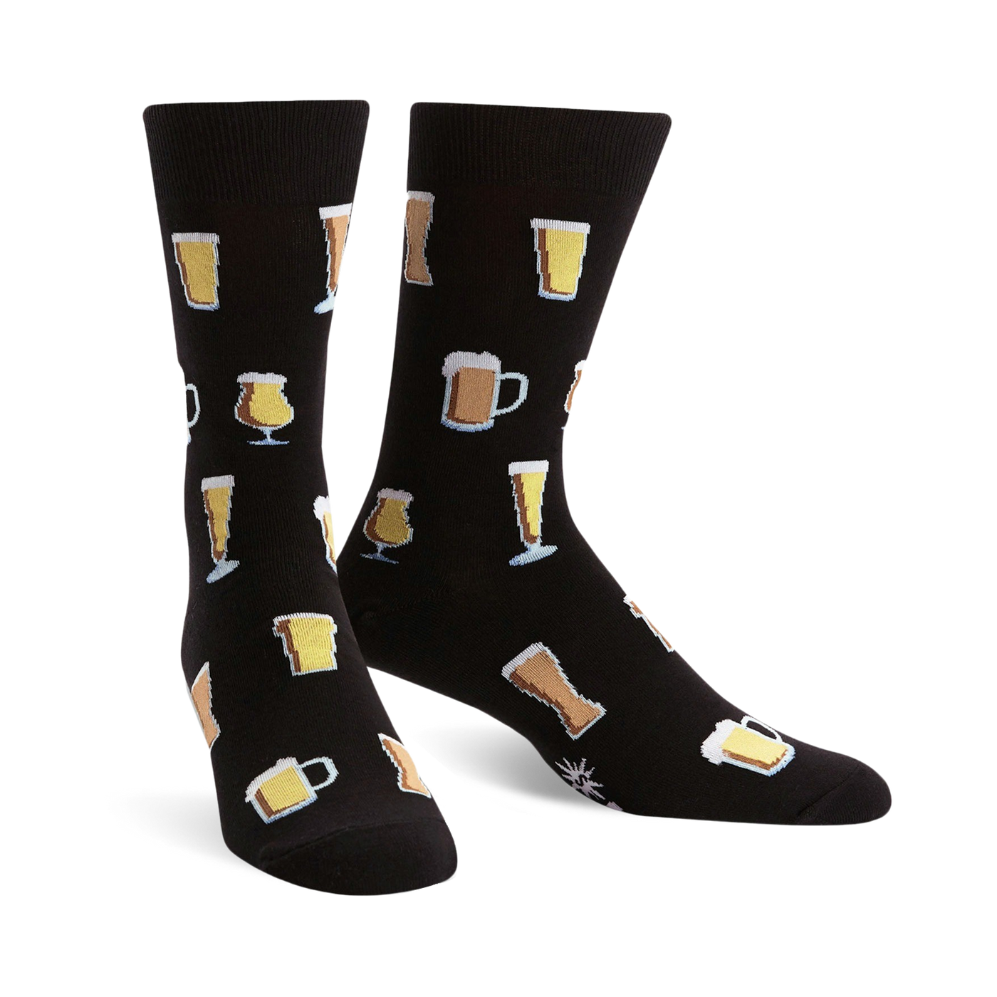 Pair of black crew socks with a pattern of various beer glasses in beige and yellow. Fun and festive!