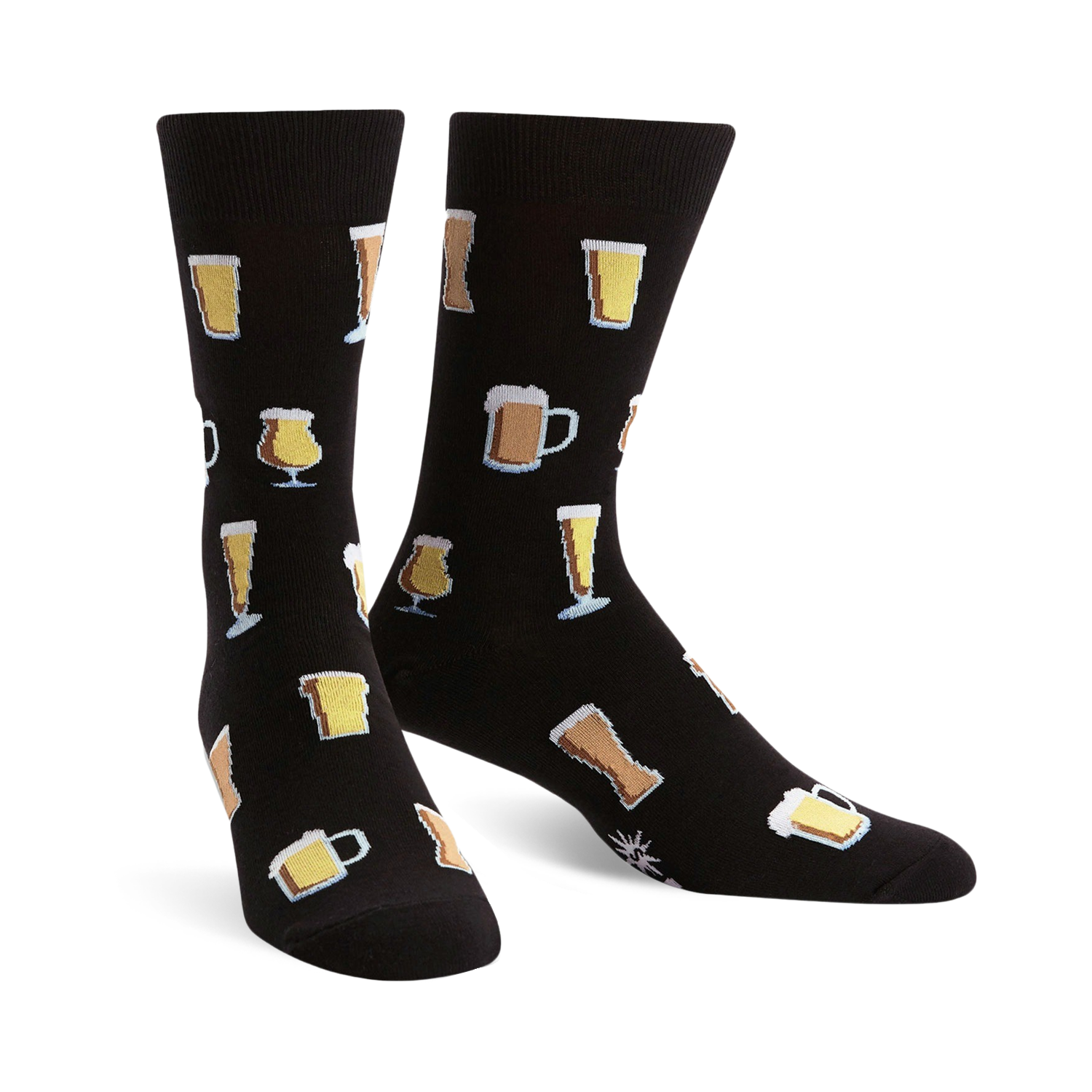 Pair of black crew socks with a pattern of various beer glasses in beige and yellow. Fun and festive!