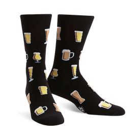 men's black crew socks with beer glasses and mugs pattern in yellow, brown, and white.  