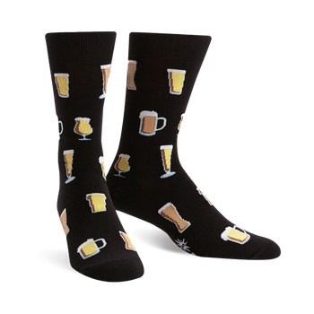 men's black crew socks with beer glasses and mugs pattern in yellow, brown, and white.  