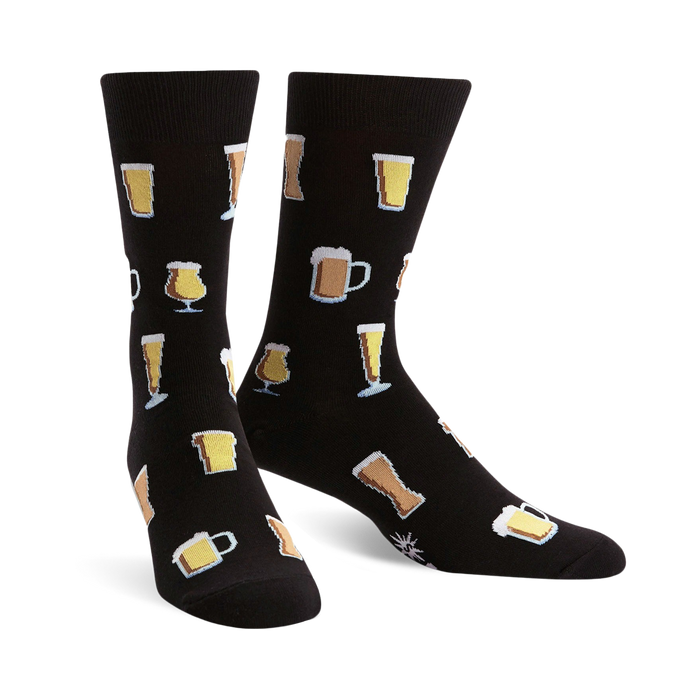 men's black crew socks with beer glasses and mugs pattern in yellow, brown, and white.   }}