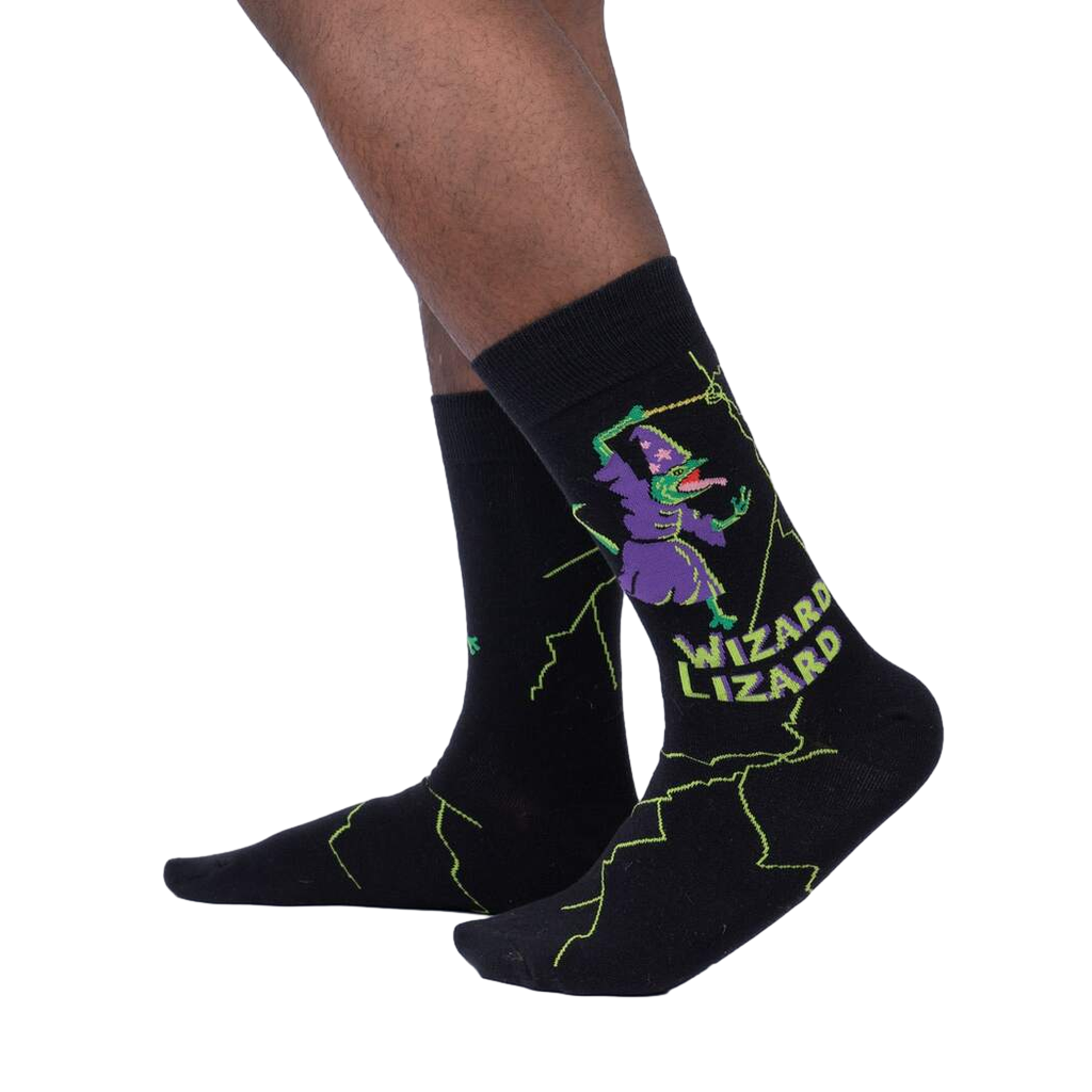 Lifestyle shot showing Wizard Lizard socks on a person's feet, showcasing the socks' fit and style.