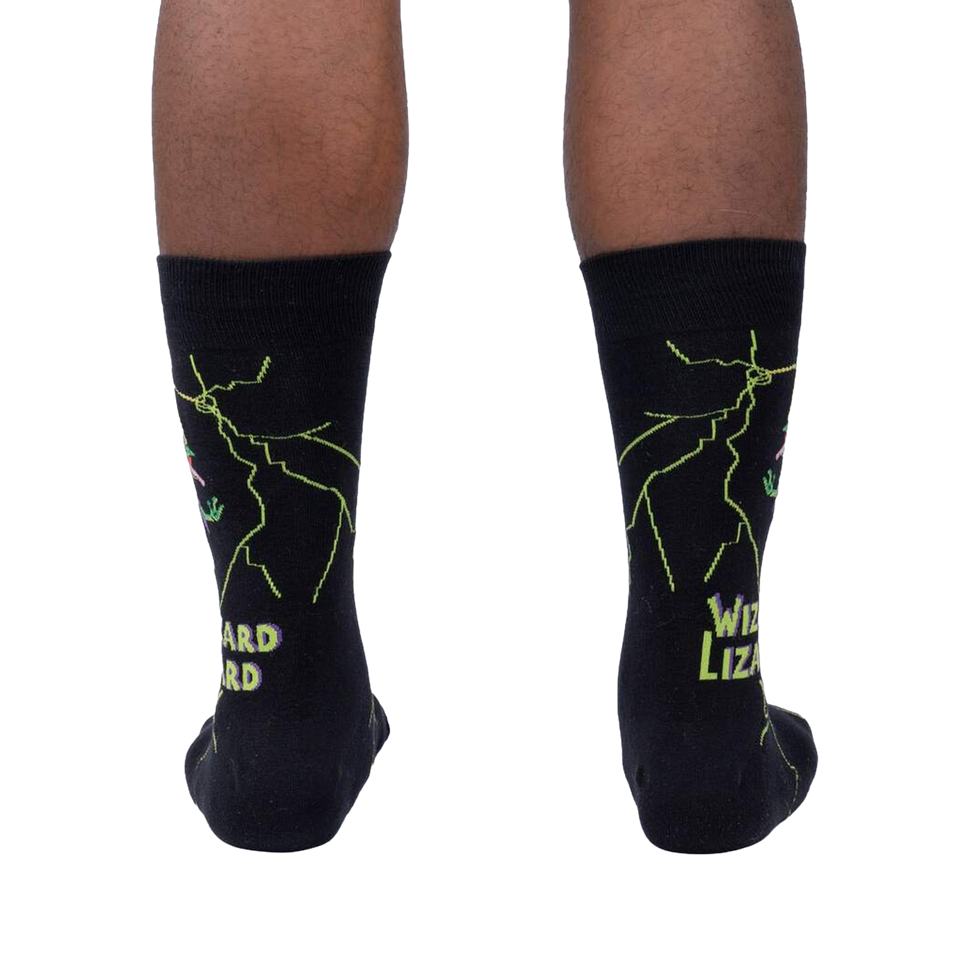 Back view of a person wearing Wizard Lizard socks, showing the full design on the back of the socks.