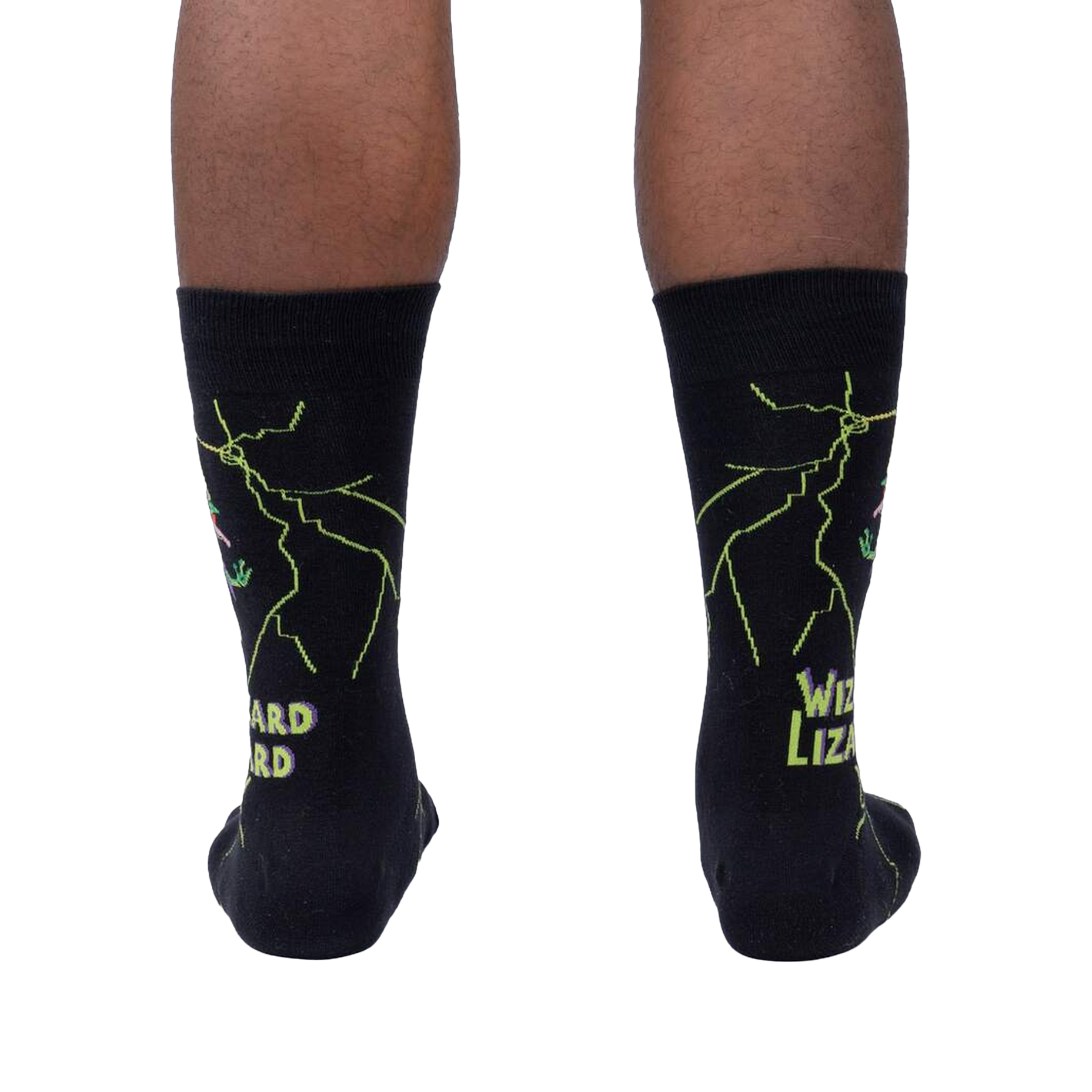 Back view of a person wearing Wizard Lizard socks, showing the full design on the back of the socks.
