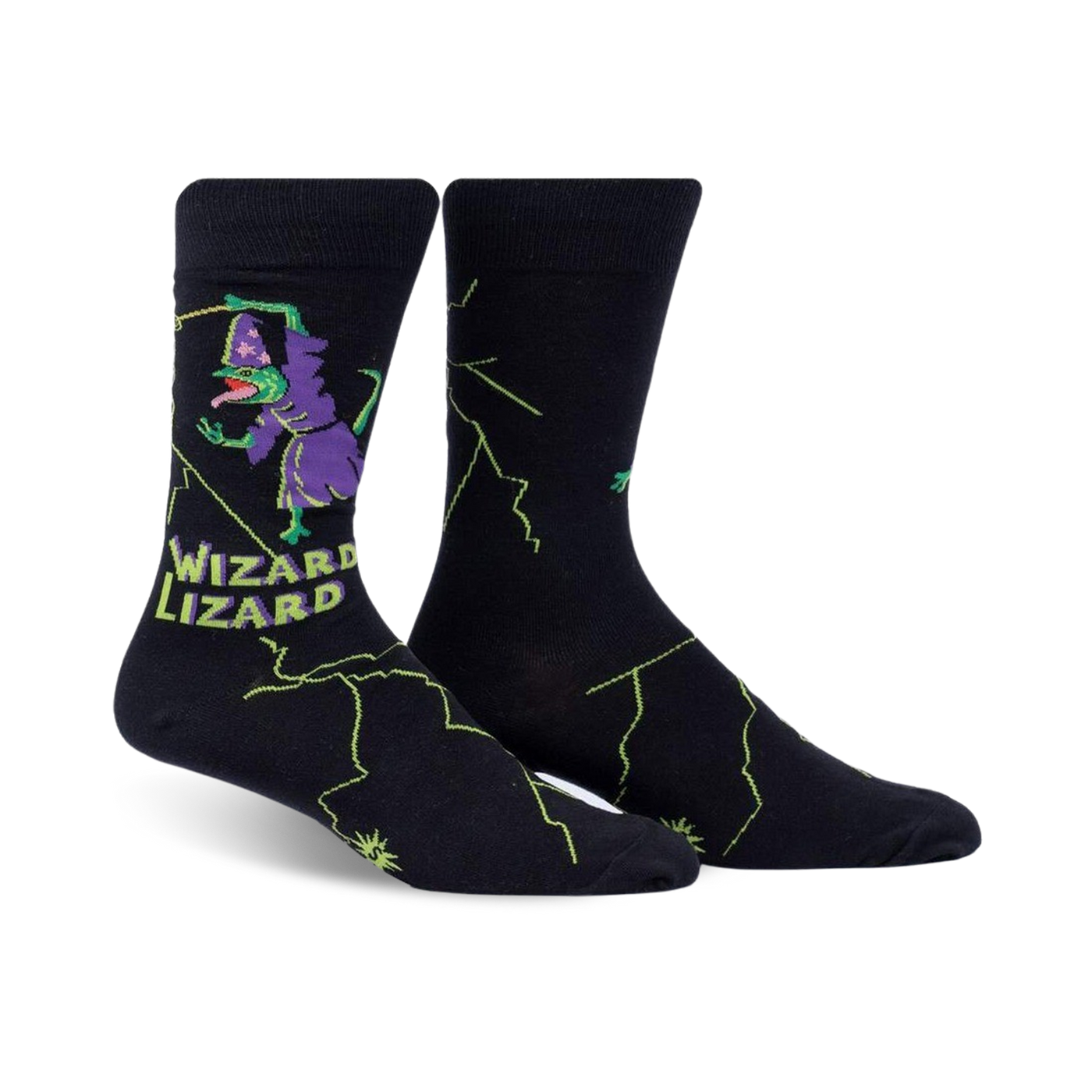Crew socks in black with a whimsical design of a purple lizard wizard casting a spell amidst green lightning bolts. Text reads 'Wizard Lizard'.