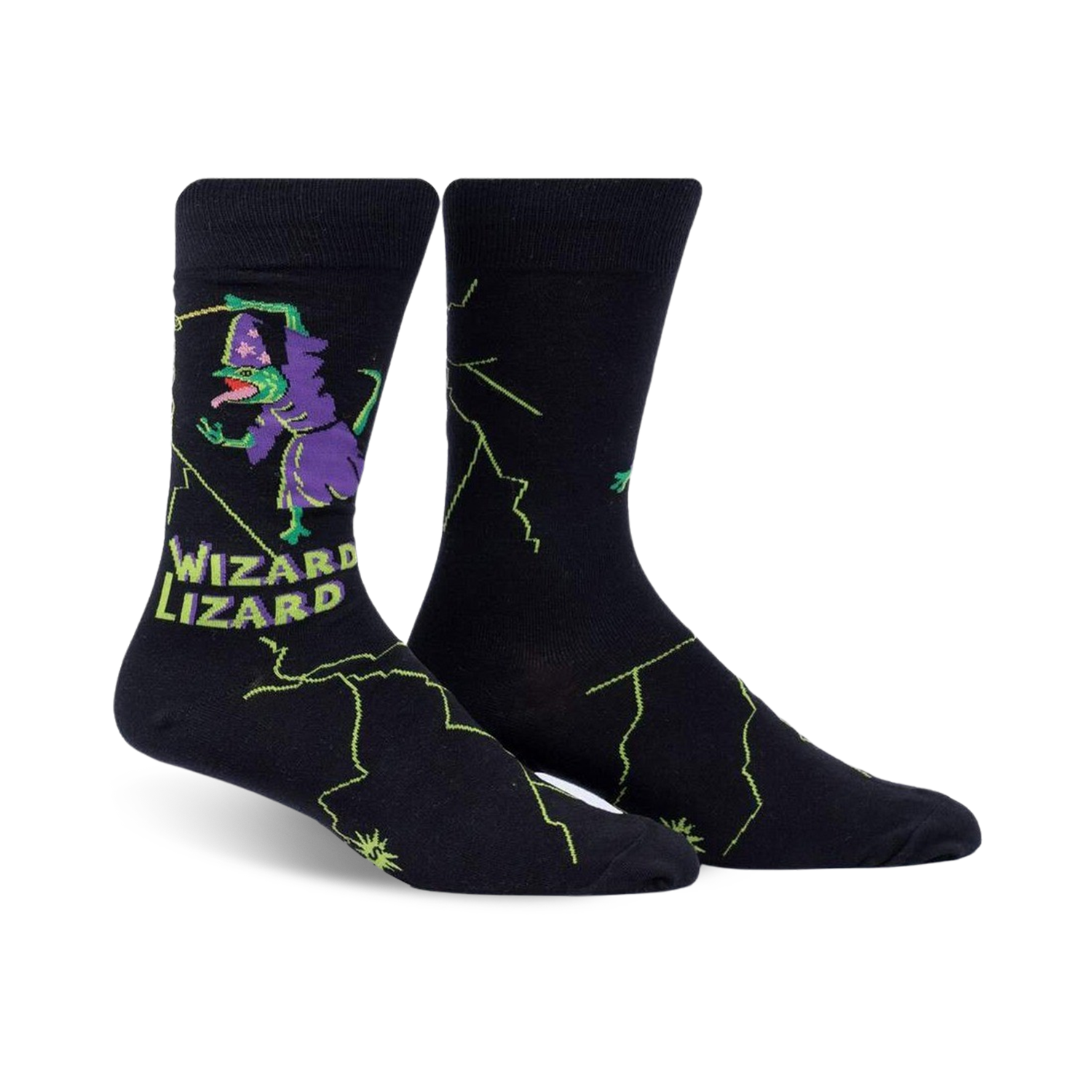 Crew socks in black with a whimsical design of a purple lizard wizard casting a spell amidst green lightning bolts. Text reads 'Wizard Lizard'.
