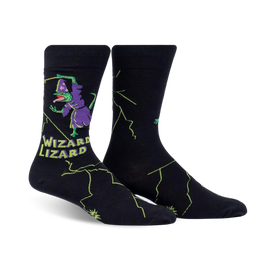  black socks with green and purple wizard lizard. crew length socks featuring a lizard in a purple robe and a green hat.  