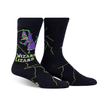  black socks with green and purple wizard lizard. crew length socks featuring a lizard in a purple robe and a green hat.  