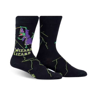  black socks with green and purple wizard lizard. crew length socks featuring a lizard in a purple robe and a green hat.  