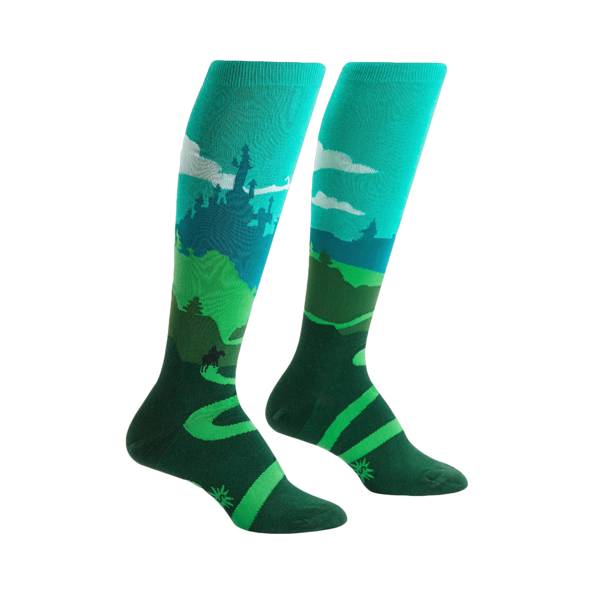 Pair of teal and green knee-high socks depicting a whimsical landscape with a castle, winding road, and a moose.