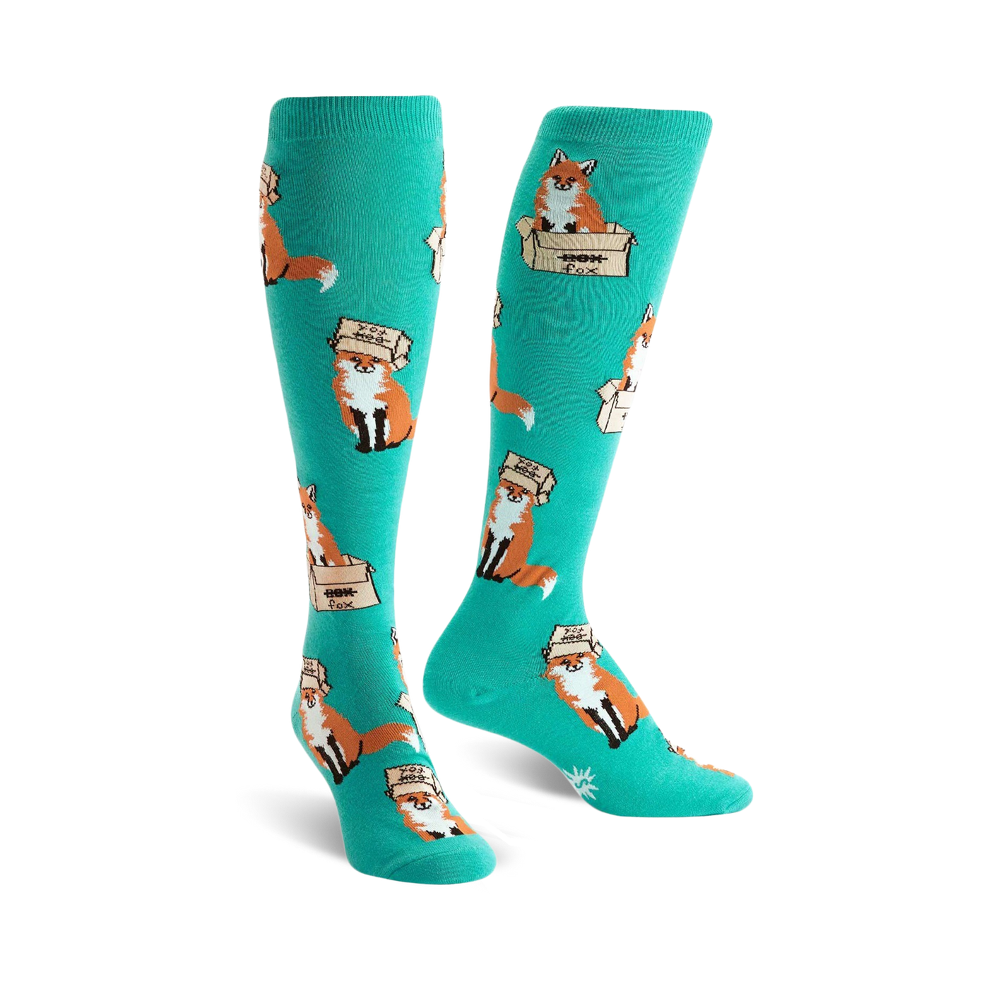 Pair of teal knee-high socks with a playful pattern of orange foxes wearing boxes on their heads. 