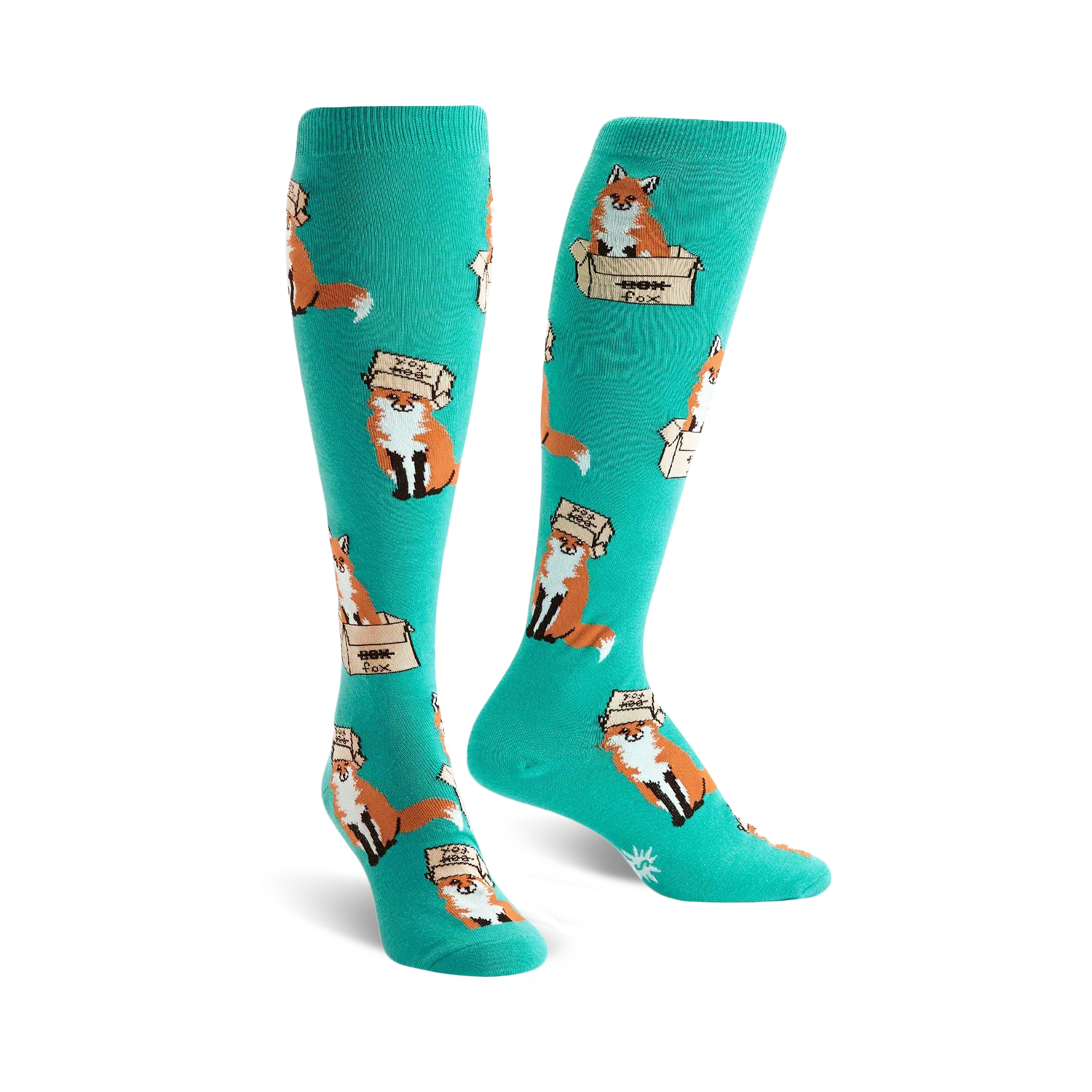 Pair of teal knee-high socks with a playful pattern of orange foxes wearing boxes on their heads. 