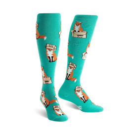 womens knee high "foxes in boxes" novelty wildlife socks in mint green with red foxes wearing brown boxes.   