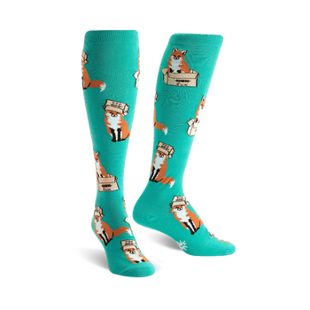 foxes in boxes wildlife themed womens blue novelty knee high socks