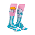 Pair of knee-high socks. Pink at the top with a teal wave design, white highlights, and a yellow sun graphic.