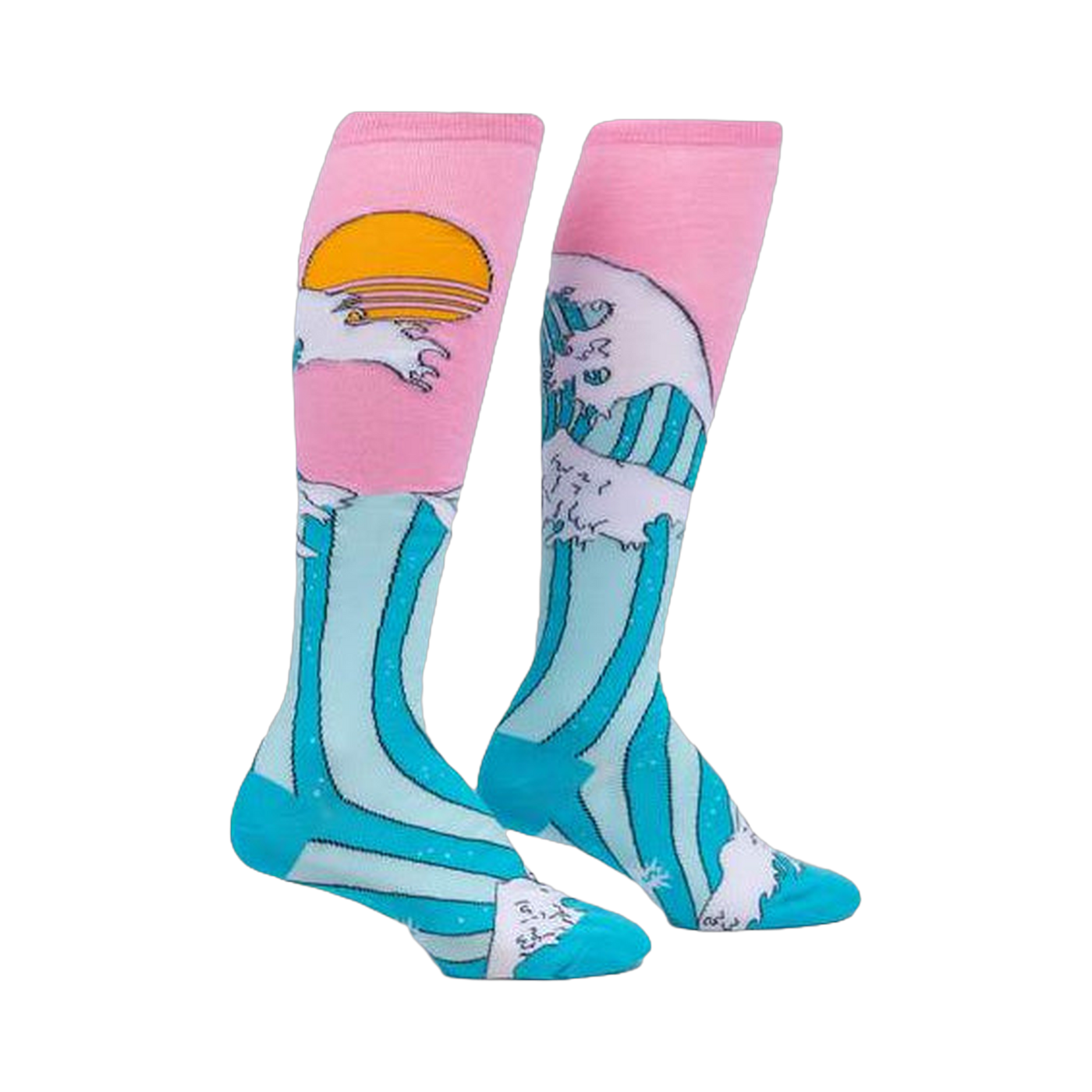 Pair of knee-high socks. Pink at the top with a teal wave design, white highlights, and a yellow sun graphic.