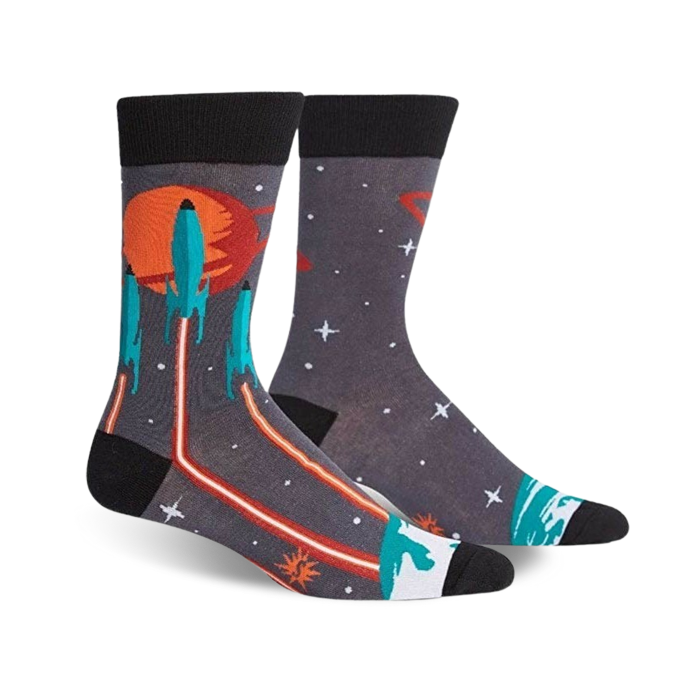 A pair of crew socks with a dark grey background, orange and teal rockets launching from a planet, and orange laser beams.