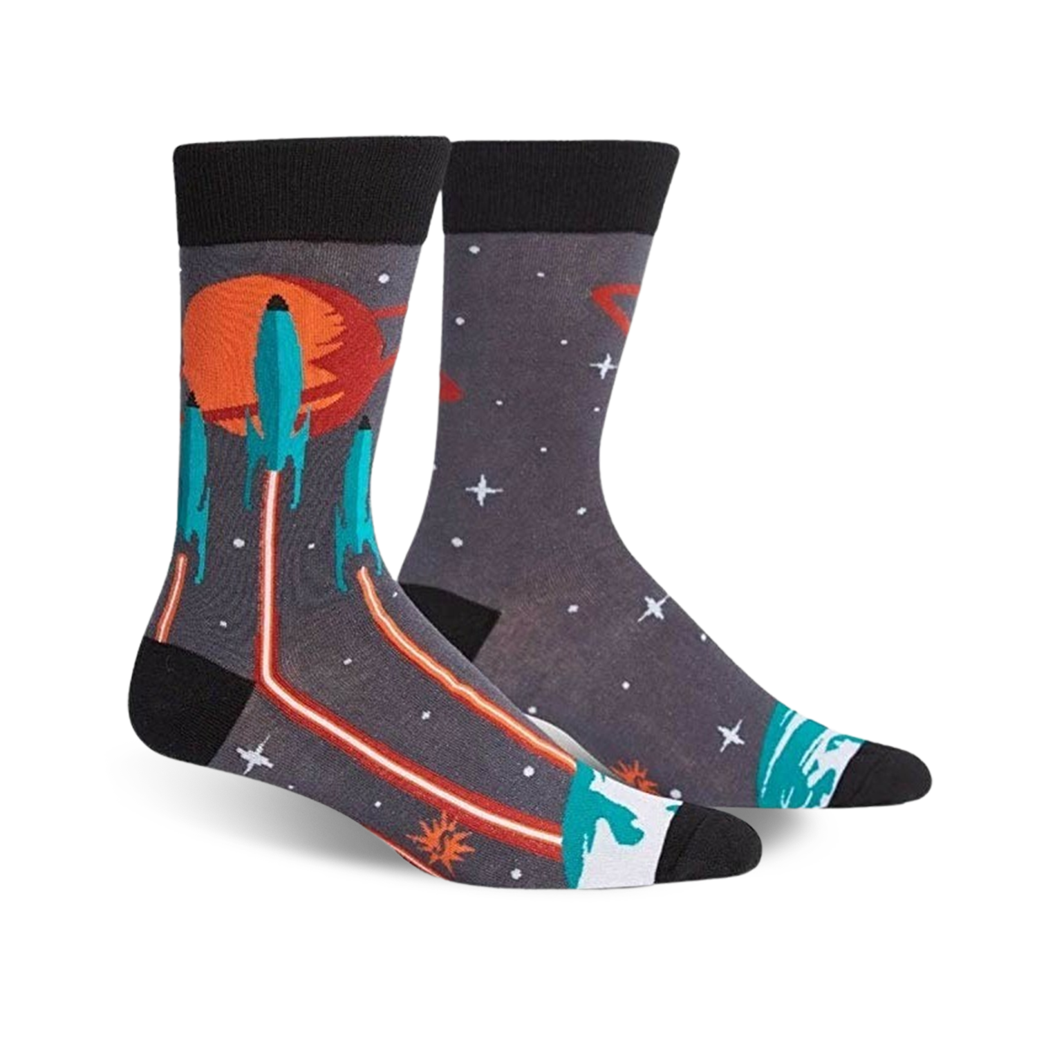 A pair of crew socks with a dark grey background, orange and teal rockets launching from a planet, and orange laser beams.